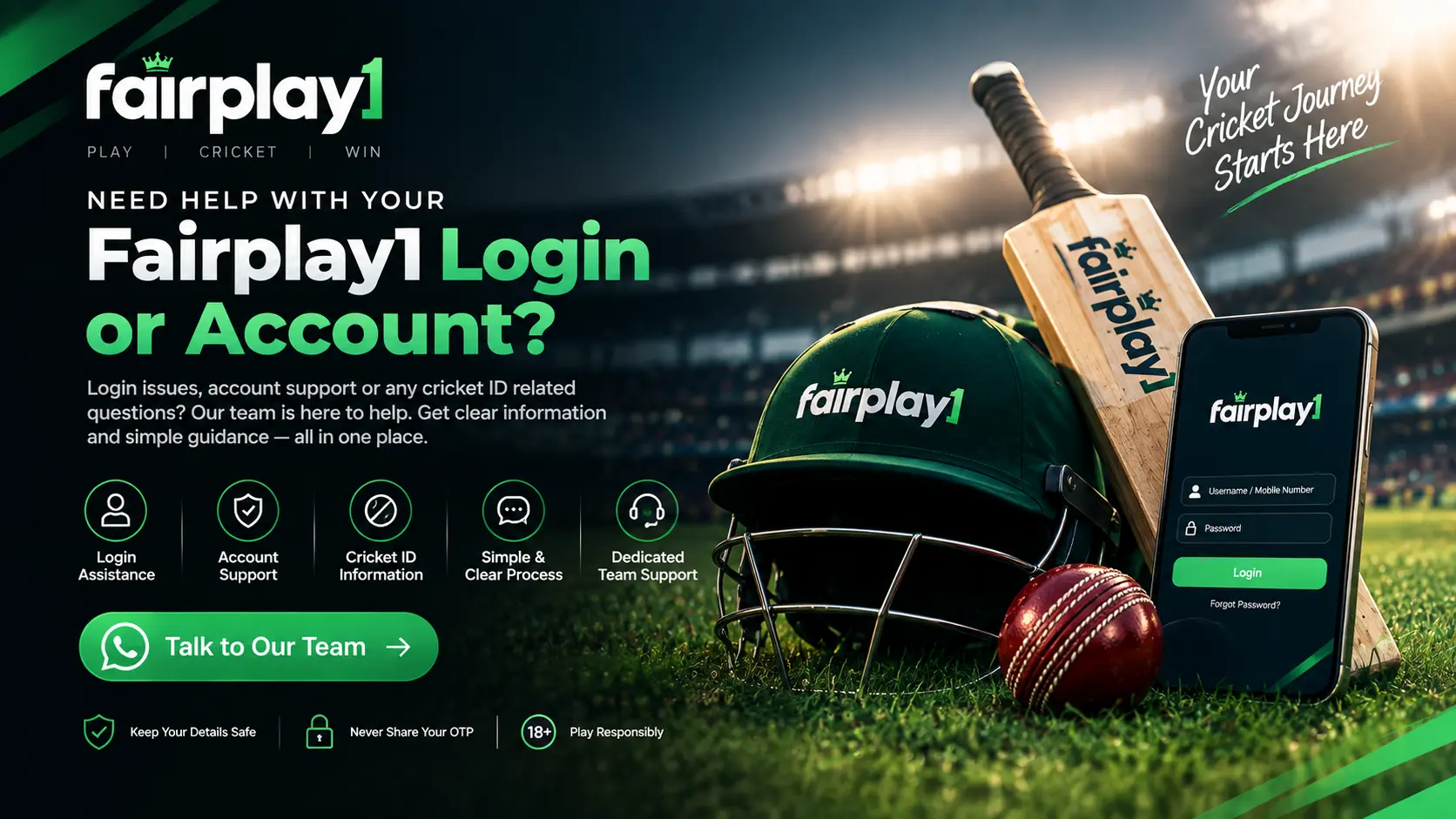 Fairplay1 login and account support banner with cricket helmet, bat, ball and mobile phone