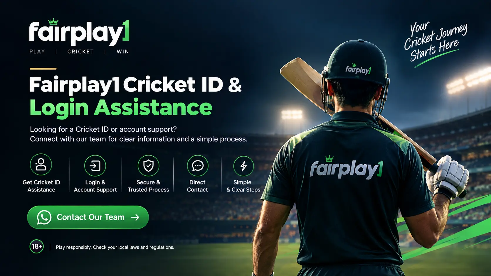 Fairplay1 Cricket ID and login assistance banner with a cricket player in a stadium