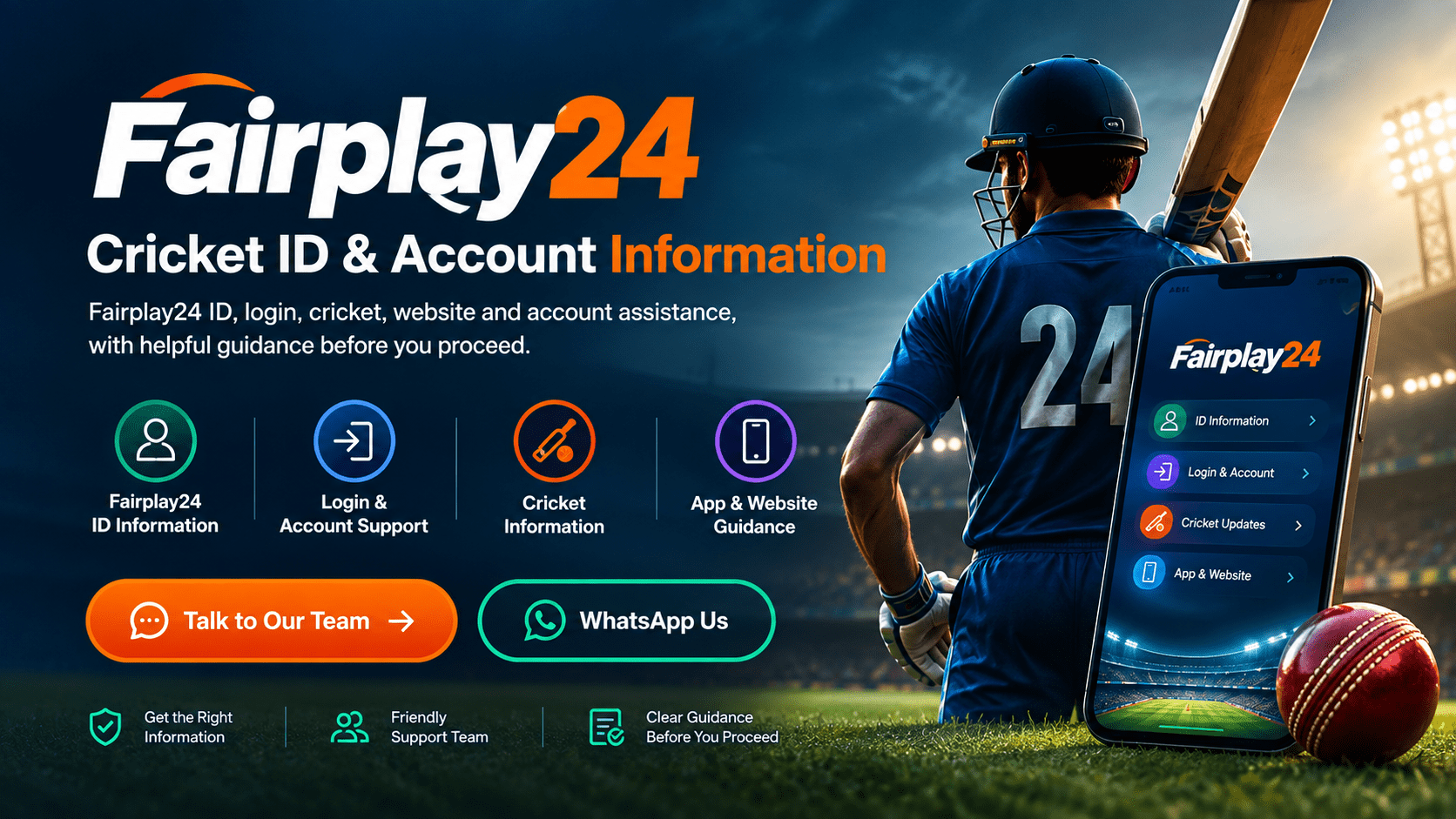 Fairplay24 cricket support and account assistance poster